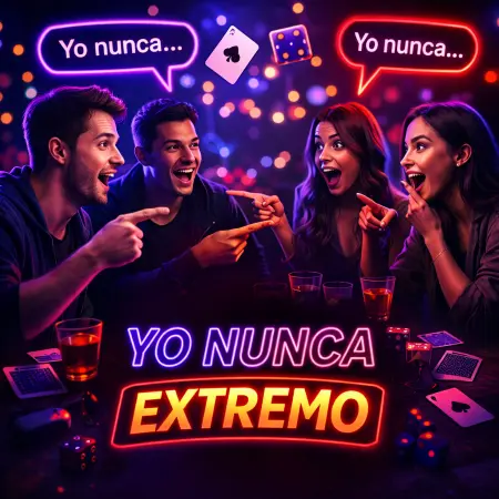Juego Yo Nunca Extremo con grupo de amigos riendo en ambiente nocturno con luces neón moradas y rojas